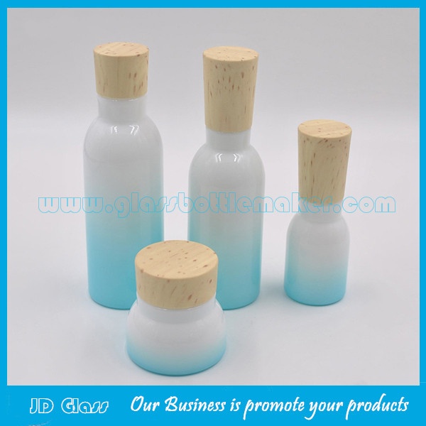150ml,120ml,40ml Opal Glass Colored Lotion Bottles With Wood Cap and 50g,150g Opal Glass Cosmetic Jar With Wood Cap