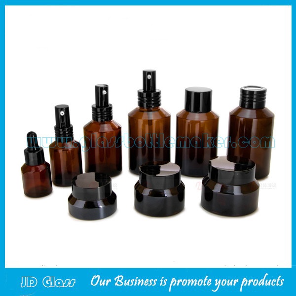 15ml-120ml Amber Sloping Shoulder Glass Lotion Bottles and 15g-50g Amber Glass Cosmetic Jar with Cap