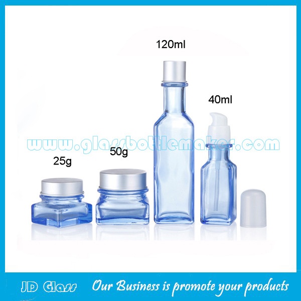 New Model Blue Color Painting 40ml,120ml Glass Lotion Bottles And 25g,50g Glass Cosmetic Jars For Skincare