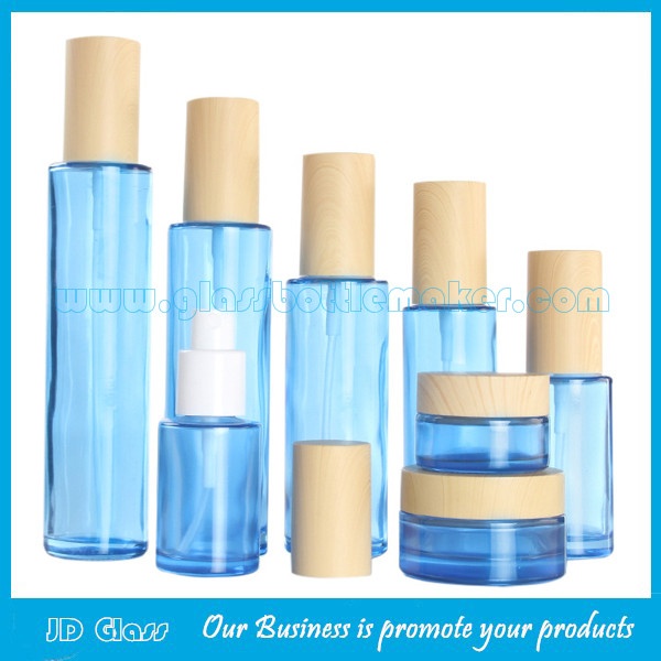 Blue Color Cylinder Glass Lotion Bottles With Wood Cap & Glass Cosmetic Jars With Wood Caps