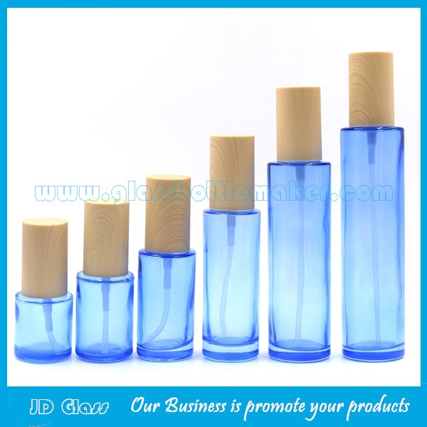 Blue Color Cylinder Glass Lotion Bottles With Wood Cap & Glass Cosmetic Jars With Wood Caps