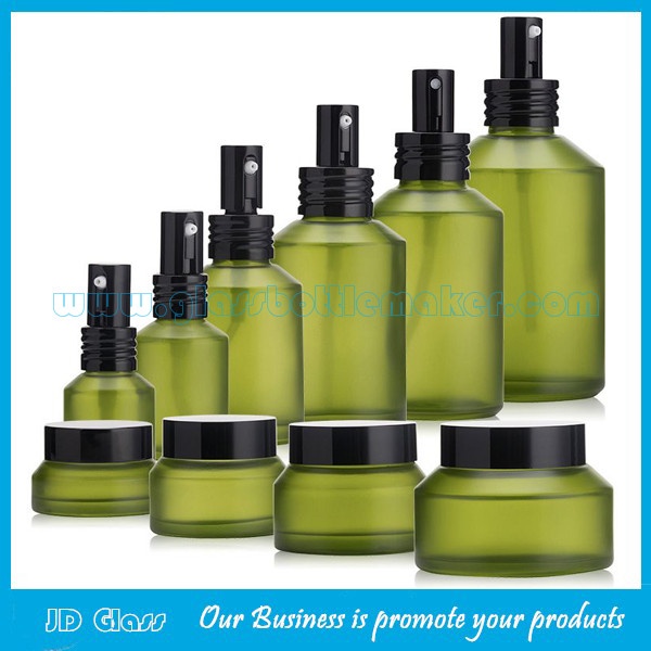 15ml-200ml Olive Green Painting Oblique Shoulder Glass Lotion Bottles and 15g-100g Glass Cream Jars
