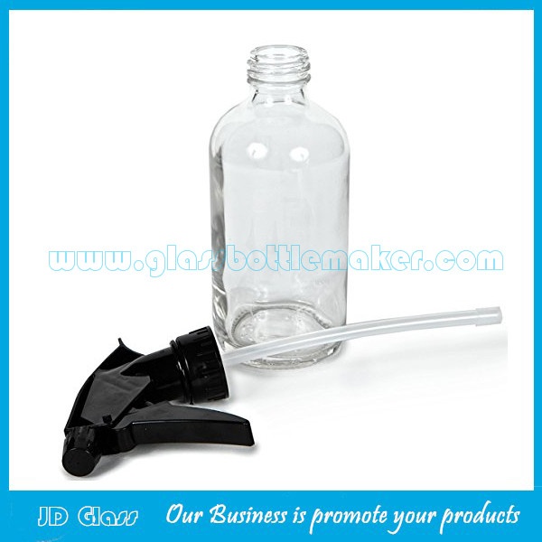 16oz Clear Boston Round Glass Bottle With Black Trigger Sprayer