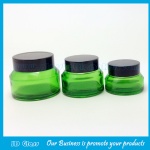 15g,30g,50g Green Painting Sloping Shoulder Glass Cosmetic Jars With Black Lids