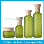 New Item 120ml,100ml,40ml,50g Frost Green Glass Lotion Bottles And Cosmetic Jars With Wood Caps  For Skincare
